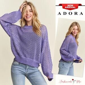 ADORA Round Neck Long Sleeves Lurex Crochet Detail Openwork Csual Top | Purple